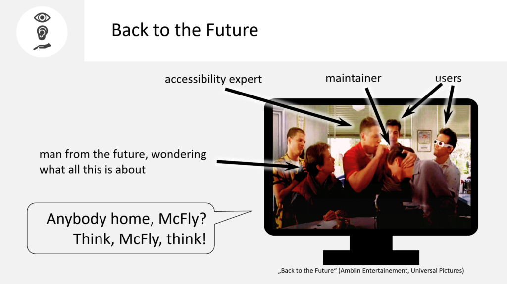 Inhalt der Folie „Back to the Future“: Ein Fernsehbildschirm mit einer Skizze von 6 jungen Männern. Ein Mann klopft einem anderen auf den Kopf. Die anderen beobachten die beiden. Eine Sprechblase sagt: „Anybody home, McFly? Think, McFly, think!“ Unter dem Bildschirm befindet sich eine Notiz mit der Aufschrift „Back to the Future (Amblin Entertainment, Universal Pictures)“. Mehrere beschriftete Pfeile zeigen auf verschiedene Personen auf dem Bildschirm: "accessibility expert" zeigt auf den klopfenden Mann, "maintainer" zeigt auf den Mann, der geschlagen wird, "users" zeigen auf einige Umstehende, „man from the future, wondering what all this is about“ weist auf einen bestimmten Zuschauer hin.