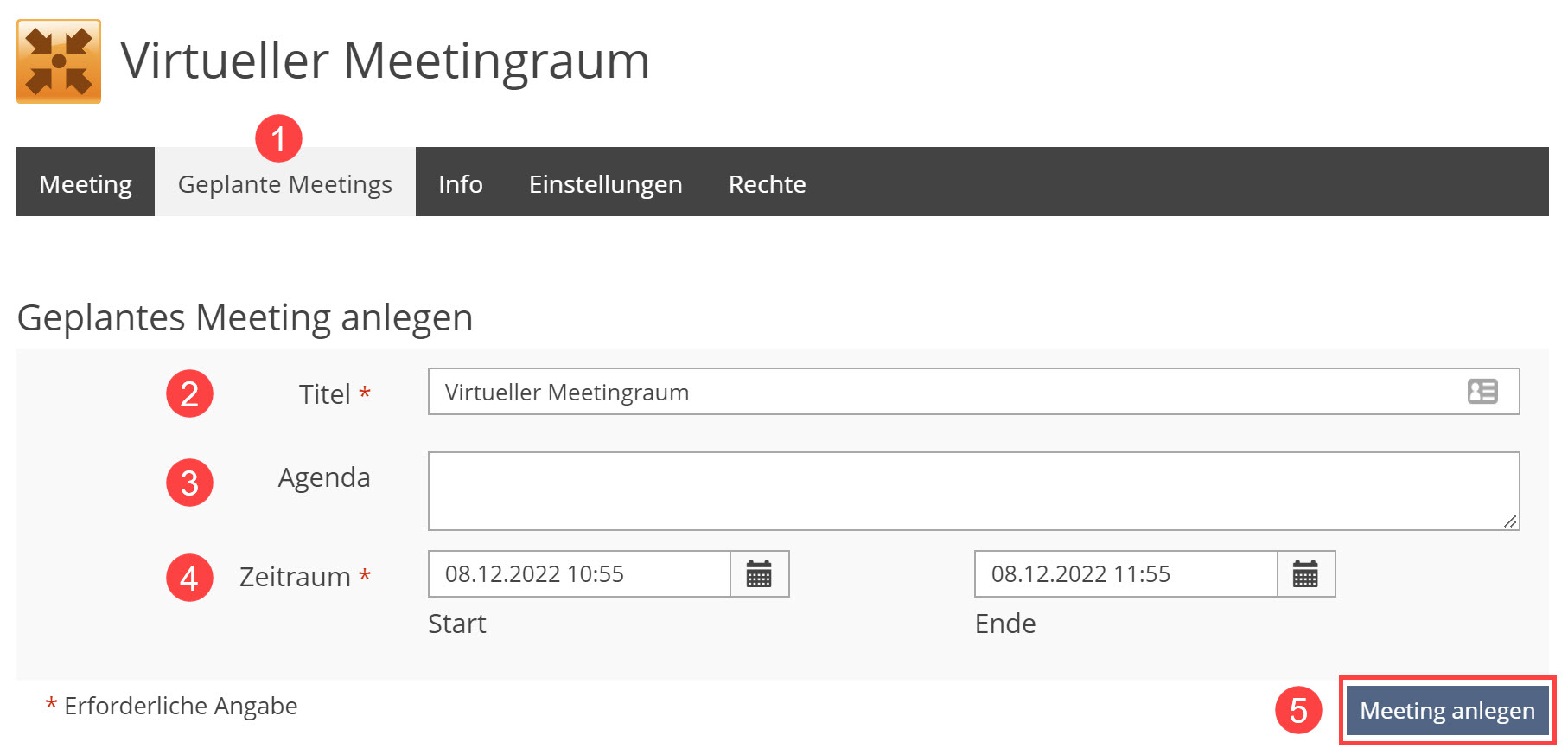 Screenshot aus ILIAS. Zu sehen ist ein erstellter virtueller Meetingraum, in dem ein Meeting für Webex angelegt wird.