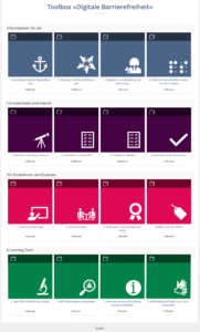 Screenshot der Startseite der Toolbox Digitale Barrierefreiheit mit 16 farbigen, beschrifteten Kacheln, die in vier Themenbereiche zur Barrierefreiheit unterteilt sind. Detailliertere Informationen sind direkt im Artikeltext zu finden.