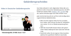 Beispielvideo in Deutscher Gebärdensprache sowie Gründe und Vorgehen bei der Videoerstellung und Einbindung