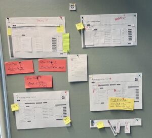 Foto der Workshop-Ergebnisse von Aufgabe "G" an eine Metaplanwand gepinnt: Man erkennt aufgeklebte Schnipsel, Post-Its und drei verschiedene User Stories.