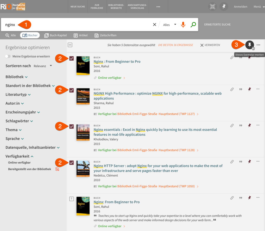 Screenshot der Literatursuchmaschine RiO: Anzeige mehrerer Suchergebnisse