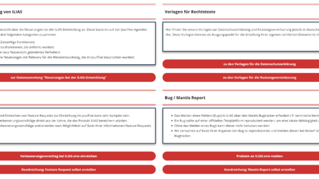 Screenshot der Angebote für Servicestellen von ILIAS.nrw, mit den vier Blöcken "Weiterentwicklung von ILIAS", "Vorlagen für Rechtstexte", "Feature Request" und "Bug / Mantis Report". Dazu jeweils Links auf Vorlagen, Handreichungen und weitere Ressourcen.