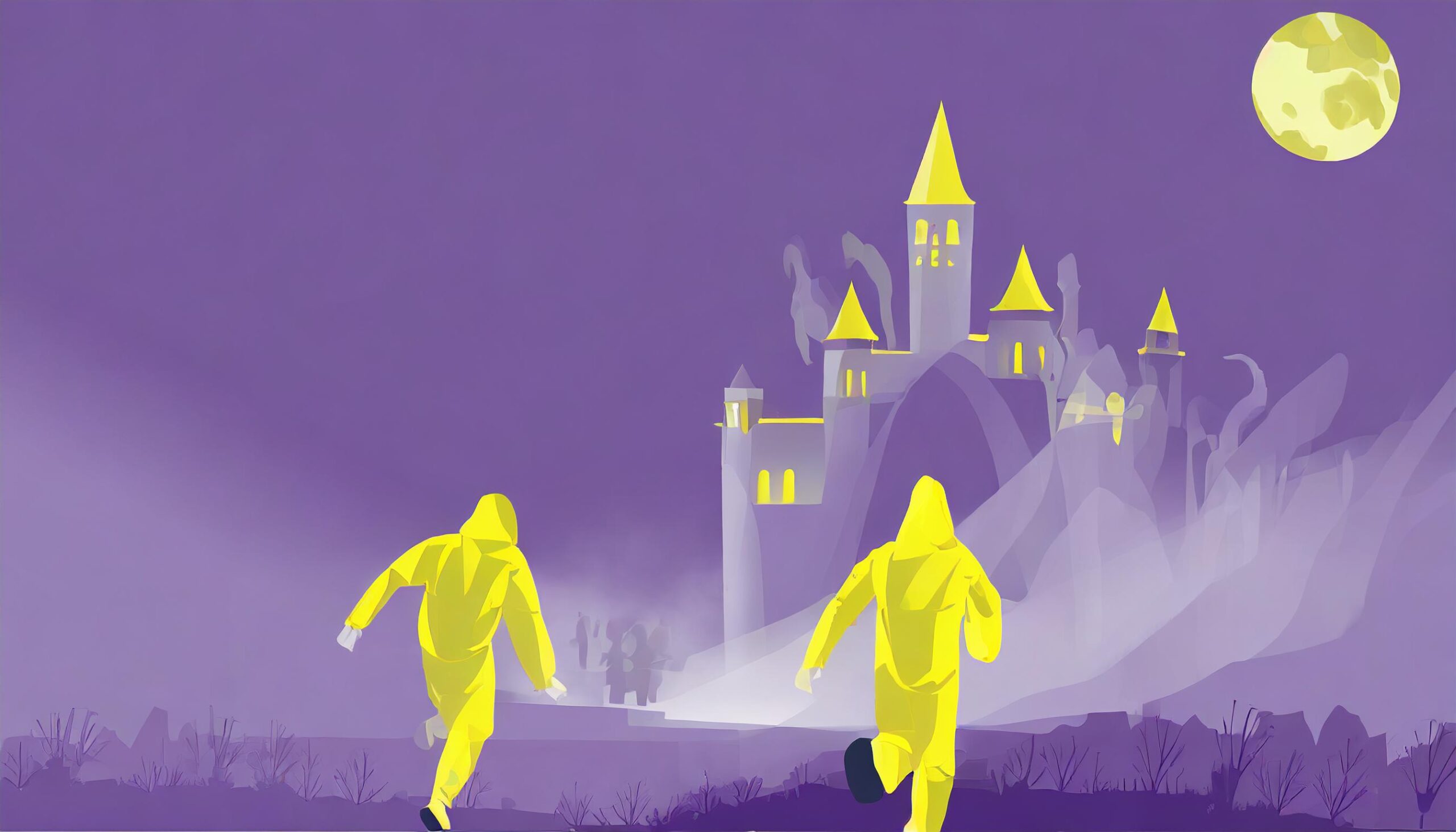 Grafische Darstellung: Zwei laufende Personen im gelben Overall von hinten, sie laufen auf eine Burg im Nebel zu. Vor dem lila Hintergrund ist oben rechts neben der Burg der gelbe Vollmond zu sehen.