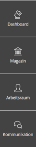 Screenshot: Icons "Dashboard", "Magazin", "Arbeitsraum" und "Kommunikation" im Hauptmenü in ILIAS 7