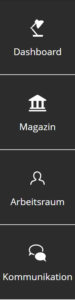 Screenshot: Icons "Dashboard", "Magazin", "Arbeitsraum" und "Kommunikation" im Hauptmenü in ILIAS 8