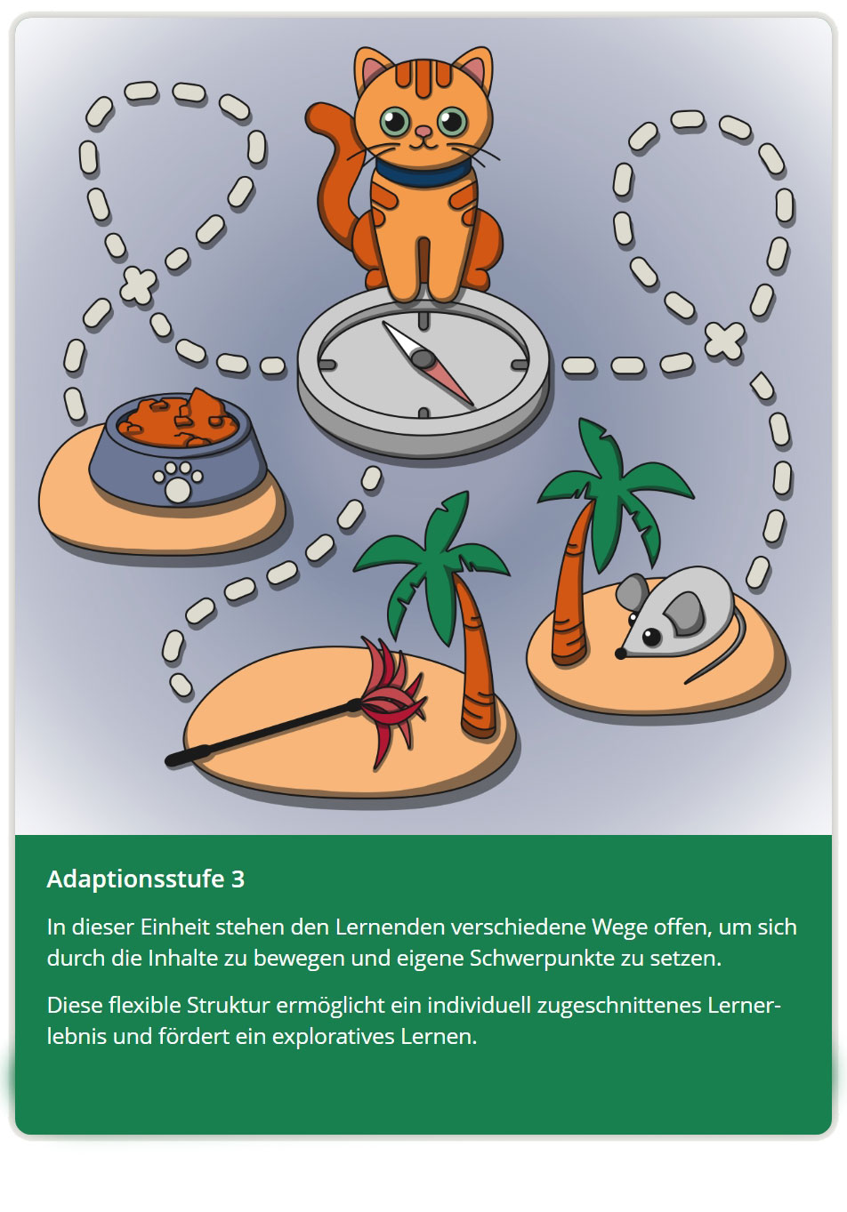 Illustration einer Katze vor einem Kompass, von dem aus Pfade zu unterschiedlichen Inseln mit verschiedenen Belohnungen (Futter, Spielzeug, Maus) führen. Text unter der Grafik: Adaptionsstufe 3